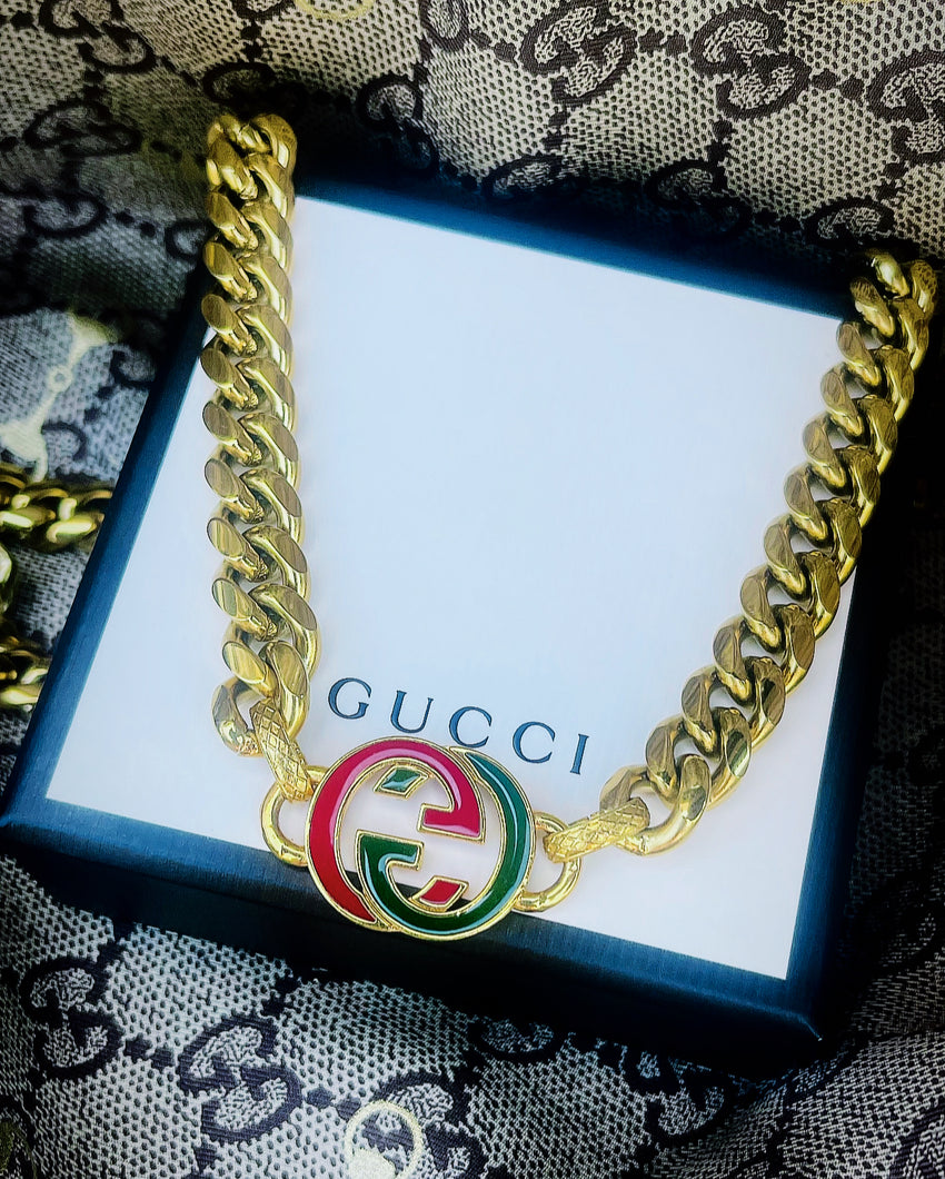 *Rare* Repurposed Interlocking GG Red & Green Enameled Charm Necklace