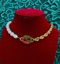 Load image into Gallery viewer, *Rare* Repurposed Interlocking GG Red &amp; Green Enameled Charm Asymmetrical Freshwater Pearl Necklace