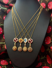Load image into Gallery viewer, Repurposed Louis Vuitton Gold &amp; Brown Monogram Flower Disc Evil Eye Protection Necklace