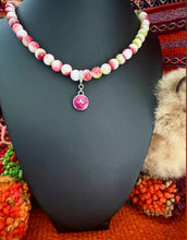 Load image into Gallery viewer, Repurposed Silver &amp; Magenta Louis Vuitton Coin Hand~Beaded 8mm Tourmaline Necklace