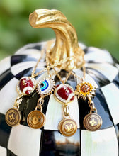 Load image into Gallery viewer, Repurposed Louis Vuitton Gold &amp; Brown Monogram Flower Disc Evil Eye Protection Necklace