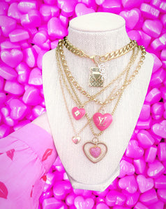 Large Repurposed Louis Vuitton Pink & Gold Reversible Heart Charm Necklace