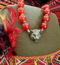 Load image into Gallery viewer, Repurposed *Rare* 3D Gucci Carved Sterling Tiger Head Hand~Beaded 10mm Red Carnelian Necklace