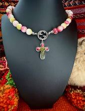 Load image into Gallery viewer, Repurposed Gucci Interlocking GG Carved Sterling Charm Hand~Beaded 10mm Tourmaline Cross Necklace