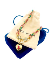 Load image into Gallery viewer, Repurposed Hot Pink &amp; Gold Louis Vuitton Puffy Heart Crystal Leopard Pavè Necklace
