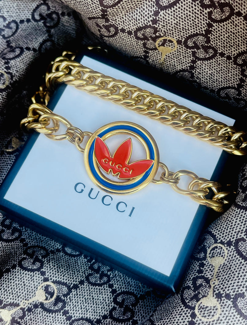 *Rare* Repurposed Gucci X Adidas Blue & Orange Enameled Necklace