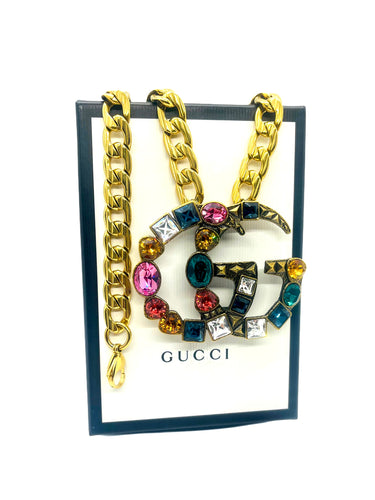 X~Large Repurposed Gucci Multicolored Crystal Pavé Hardware Convertible Chain Belt/ Necklace