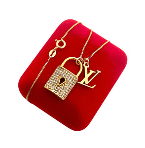 Repurposed Louis Vuitton Cut-Out Logo Charm Crystal Padlock Necklace