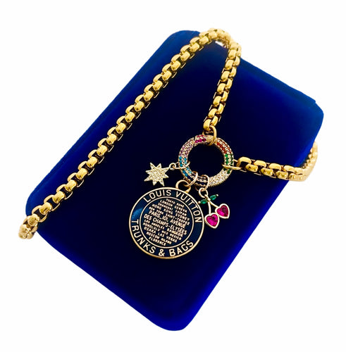 Repurposed Louis Vuitton Navy Blue & Gold Trunks and Bags Coin & Paved Charm Necklace