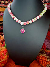 Load image into Gallery viewer, Repurposed Silver &amp; Magenta Louis Vuitton Coin Hand~Beaded 8mm Tourmaline Necklace