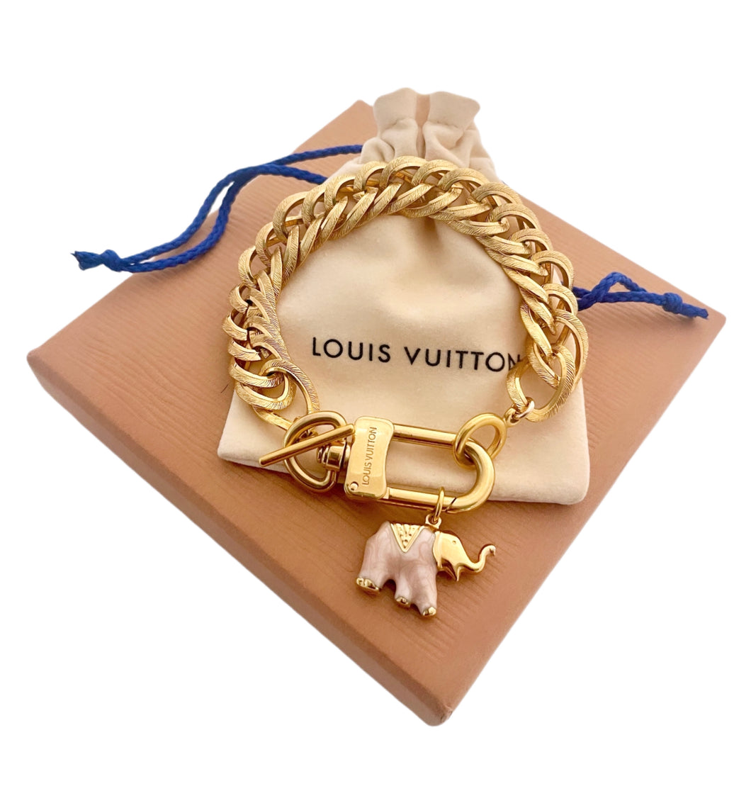 Repurposed Louis Vuitton KeyClasp & Vintage Enameled Elephant Charm Bracelet