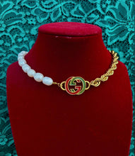 Load image into Gallery viewer, *Rare* Repurposed Interlocking GG Red &amp; Green Enameled Charm Asymmetrical Freshwater Pearl Necklace