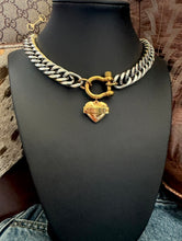 Load image into Gallery viewer, Repurposed Gucci Tag Puffy Heart &amp; Shackle Mix Metals Necklace