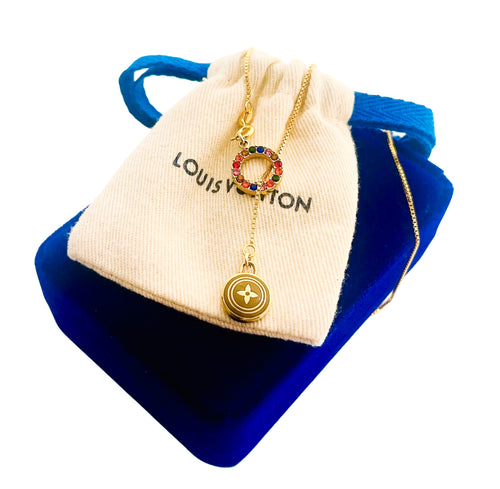 Repurposed Cafè & Gold Reversible Louis Vuitton Flower Coin Adjustable Lariat Necklace