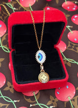 Load image into Gallery viewer, Repurposed Louis Vuitton Gold &amp; Brown Monogram Flower Disc Evil Eye Protection Necklace