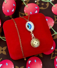 Load image into Gallery viewer, Repurposed Louis Vuitton Gold &amp; Brown Monogram Flower Disc Evil Eye Protection Necklace