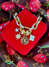 Load image into Gallery viewer, Repurposed Louis Vuitton Gold &amp; Cafè Reversible Coin Charm Necklace
