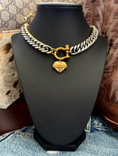 Load image into Gallery viewer, Repurposed Gucci Tag Puffy Heart &amp; Shackle Mix Metals Necklace