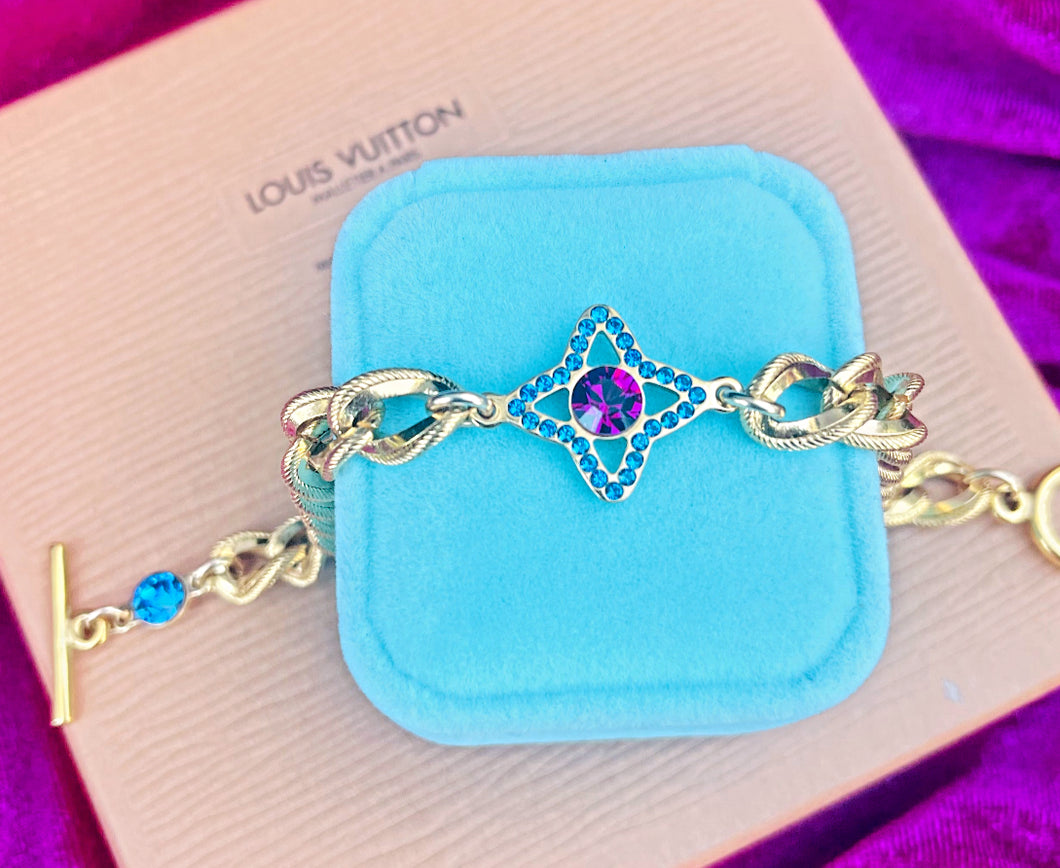 *Very Rare* Medium Repurposed Louis Vuitton Royal Blue & Magenta Crystal Charm Vintage Bracelet