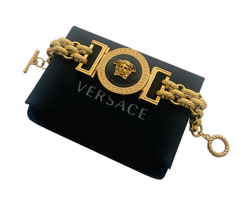 *Very Rare* Stunning Large Repurposed Gold & Black Versace Medusa Hardware Vintage Bracelet