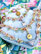 Load image into Gallery viewer, Repurposed Prada Soft Blue &amp; Silver Tag Pastel Flowers Necklace