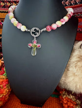 Load image into Gallery viewer, Repurposed Gucci Interlocking GG Carved Sterling Charm Hand~Beaded 10mm Tourmaline Cross Necklace