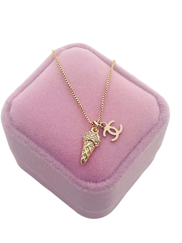 Repurposed Mini CC Charm Crystal Pavé Ice Cream 🍦 Cone Necklace