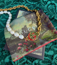 Load image into Gallery viewer, *Rare* Repurposed Interlocking GG Red &amp; Green Enameled Charm Asymmetrical Freshwater Pearl Necklace