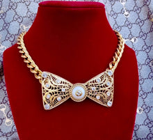 Load image into Gallery viewer, *One of a Kind* Repurposed Gucci Pearl Button &amp; Vintage Bow Brooch/Necklace
