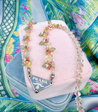 Load image into Gallery viewer, Repurposed Prada Soft Blue &amp; Silver Tag Pastel Flowers Necklace