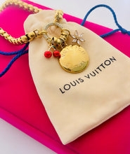 Load image into Gallery viewer, Repurposed Large Louis Vuitton Disc &amp; Cherry/Snowflake Charm Necklace