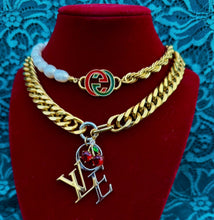 Load image into Gallery viewer, *Rare* Repurposed Interlocking GG Red &amp; Green Enameled Charm Asymmetrical Freshwater Pearl Necklace