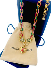 Load image into Gallery viewer, Repurposed Hot Pink &amp; Gold Louis Vuitton Puffy Heart Crystal Leopard Pavè Necklace