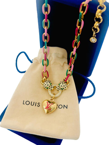 Repurposed Hot Pink & Gold Louis Vuitton Puffy Heart Crystal Leopard Pavè Necklace