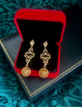 Load image into Gallery viewer, *One of a Kind* Repurposed Versace Medusa Hardware &amp; Crystal Drop Earrings