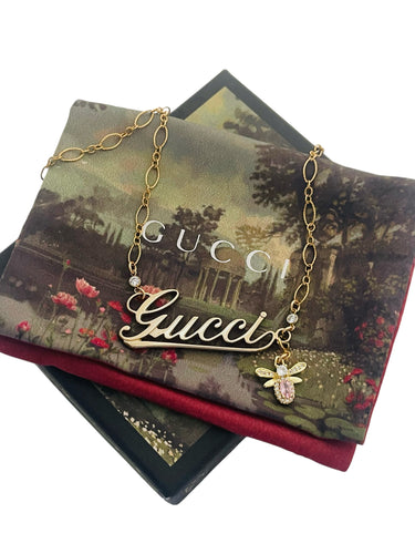 Repurposed Gucci Cursive Charm & Removable Crystal Pavè Bee Necklace