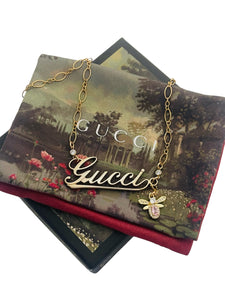 Repurposed Gucci Cursive Charm & Removable Crystal Pavè Bee Necklace