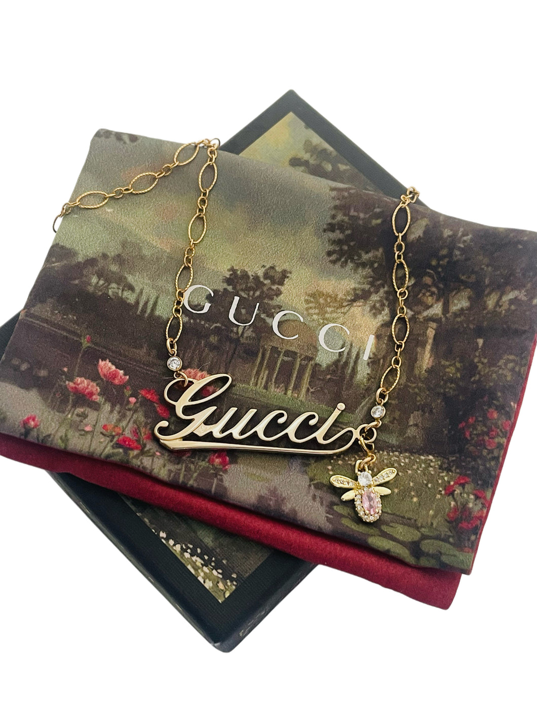 Repurposed Gucci Cursive Charm & Removable Crystal Pavè Bee Necklace