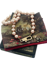 Load image into Gallery viewer, Repurposed Gucci KeyClasp &amp; Crystal Bee Champagne Pearl like Vintage Necklace
