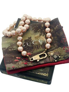Repurposed Gucci KeyClasp & Crystal Bee Champagne Pearl like Vintage Necklace