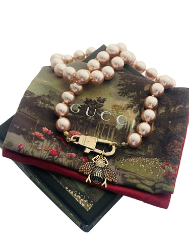 Repurposed Gucci KeyClasp & Crystal Bee Champagne Pearl like Vintage Necklace