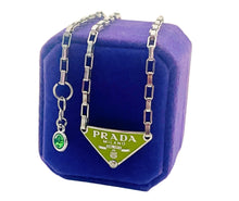 Load image into Gallery viewer, Repurposed Lime Green &amp; Silver PRADA Tag Hardware Necklace