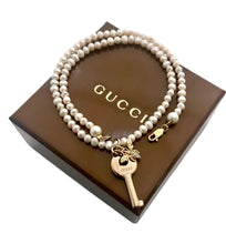 Load image into Gallery viewer, Repurposed Gucci Key Charm &amp; Crystal Bee Mother of Pearl Necklace