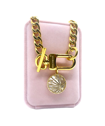 Repurposed Louis Vuitton Clasp & Mother of Pearl Celestial Charm Necklace