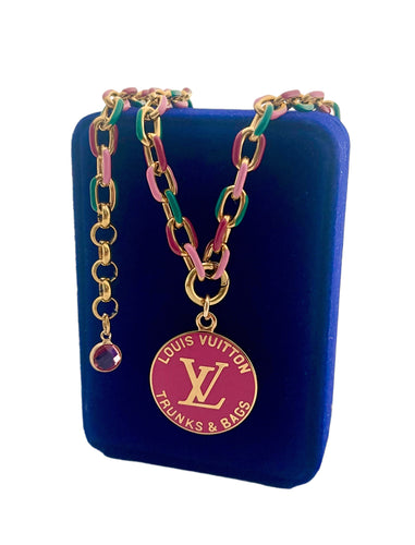 *Rare* Large Repurposed Magenta & Gold Louis Vuitton Trunks & Bags Coin Necklace
