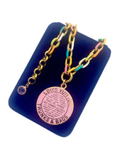 Load image into Gallery viewer, X~Large Repurposed Light Pink &amp; Gold Louis Vuitton Trunks &amp; Bags Coin Necklace