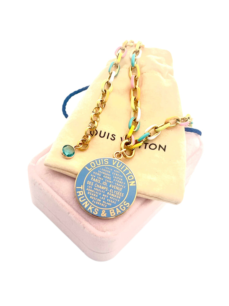 *Rare* X~Large Repurposed Baby Blue & Gold Louis Vuitton Trunks & Bags Coin Necklace