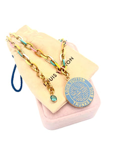 *Rare* X~Large Repurposed Baby Blue & Gold Louis Vuitton Trunks & Bags Coin Necklace