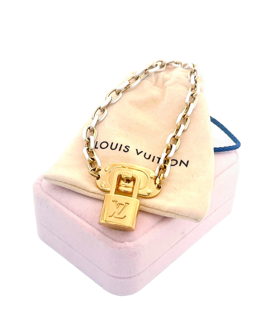 Repurposed Louis Vuitton Padlock White & Gold Tone Necklace
