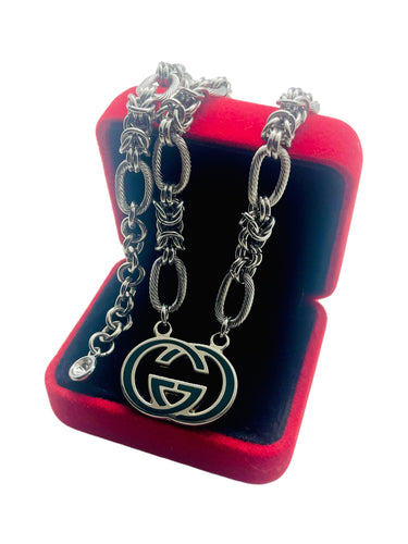 1990’s Repurposed Gucci Foster Green & Silver Tone Interlocking GG Charm Necklace